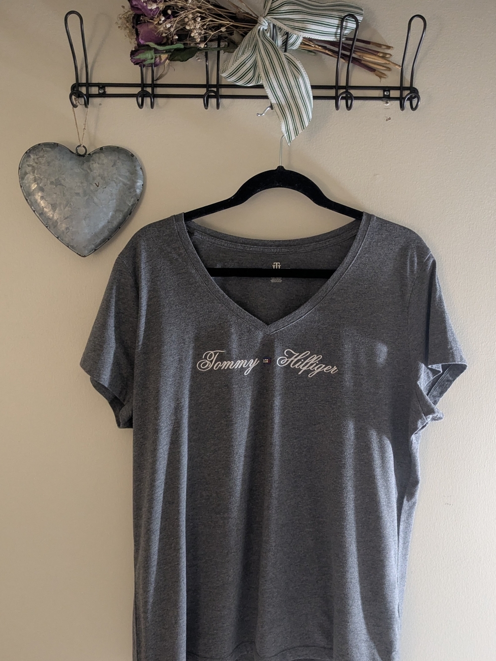 Tommy Hilfiger Gray V-Neck Script Logo Tee